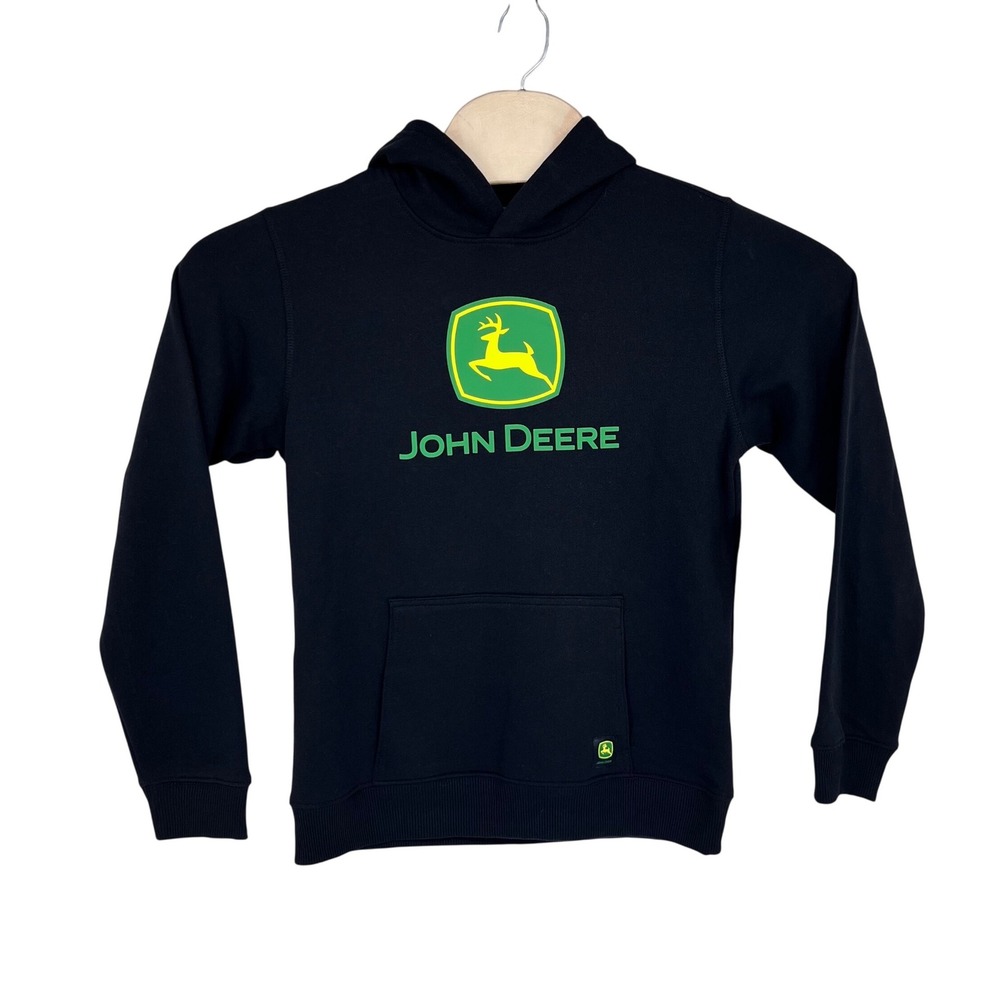 John Deere Hoodie Kids XL 14-16 Black Fleece Logo Pullover Sweatshirt Fall